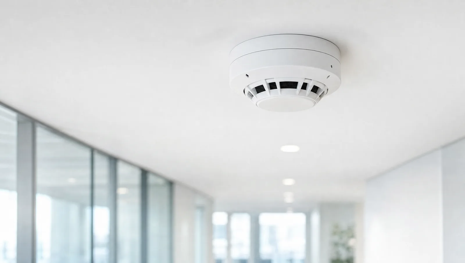 Detector de humo en cielo de edificio corporativo
