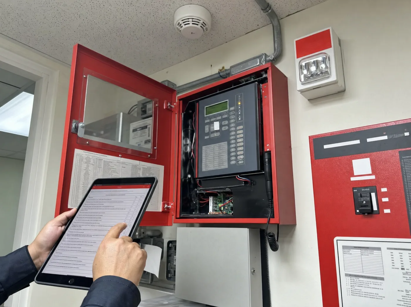 Prueba documentada de panel de alarma contra incendio con checklist
