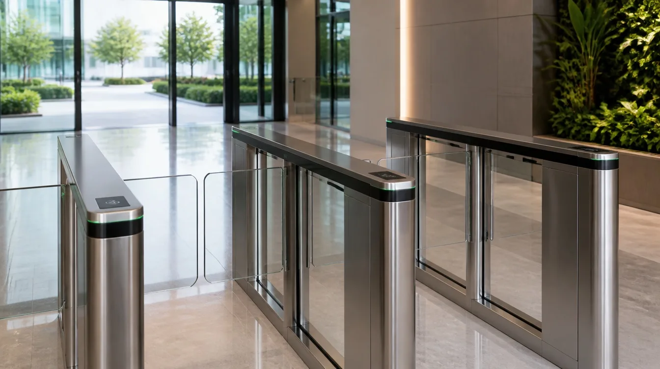 Torniquetes ópticos de acceso peatonal en lobby corporativo