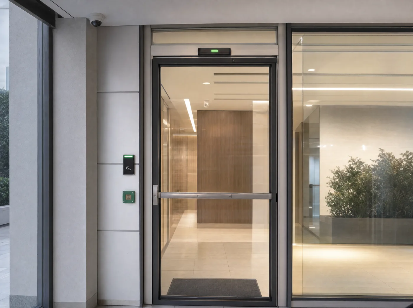 Puerta peatonal automática con lector y CCTV en lobby corporativo