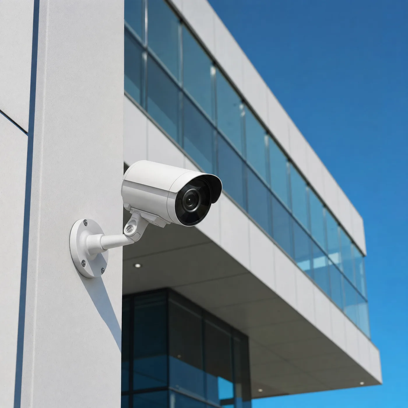 Cámara bullet IP instalada en fachada corporativa
