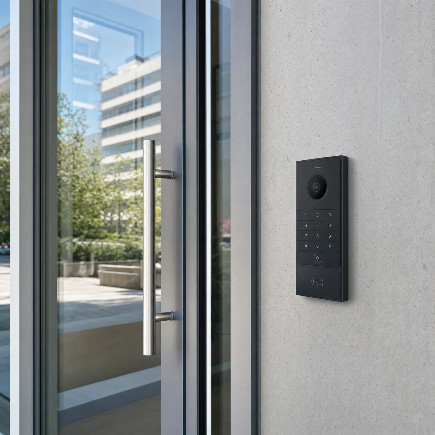 Placa de videoportero IP en acceso de edificio