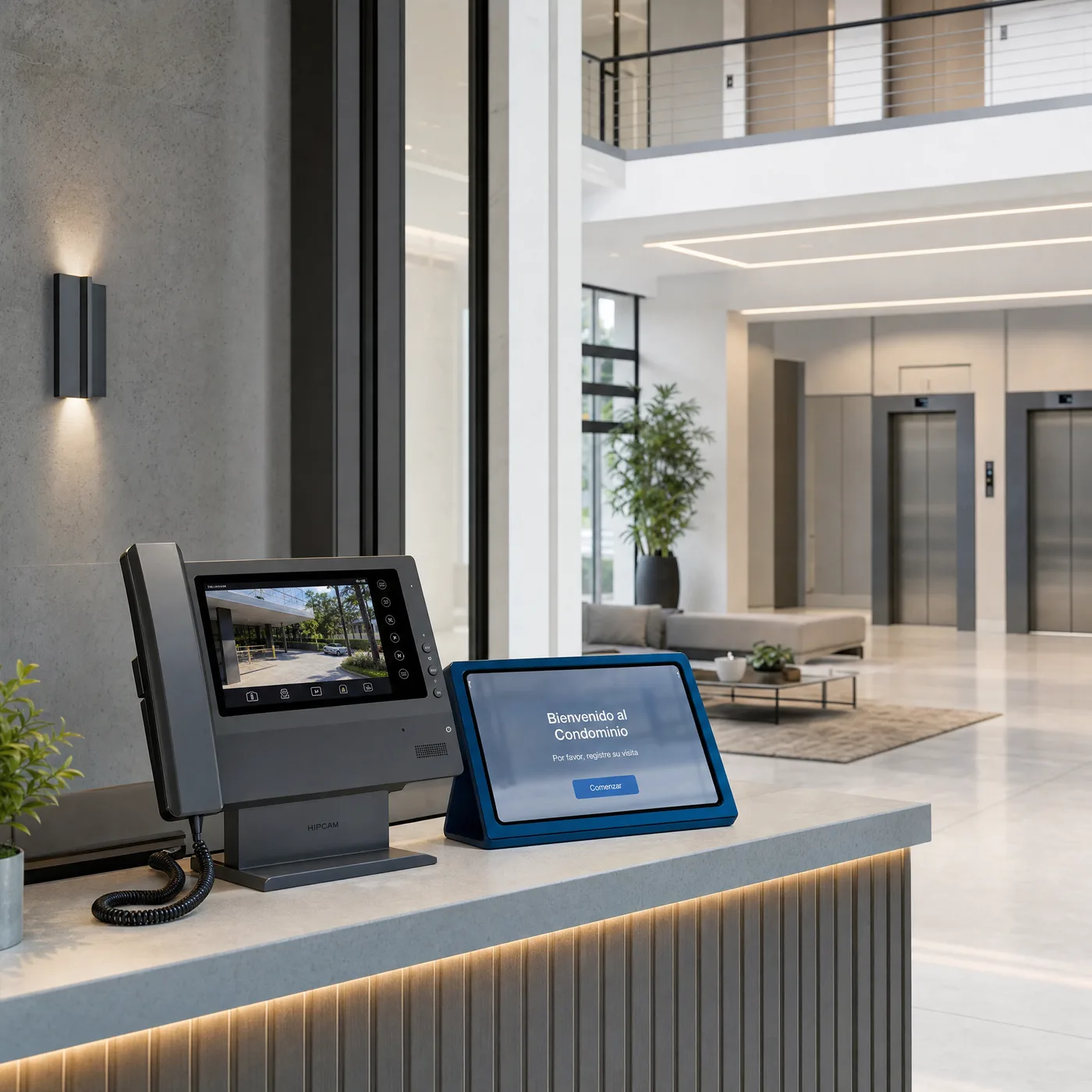 Recepción de condominio con citofonía y tablet de visitas