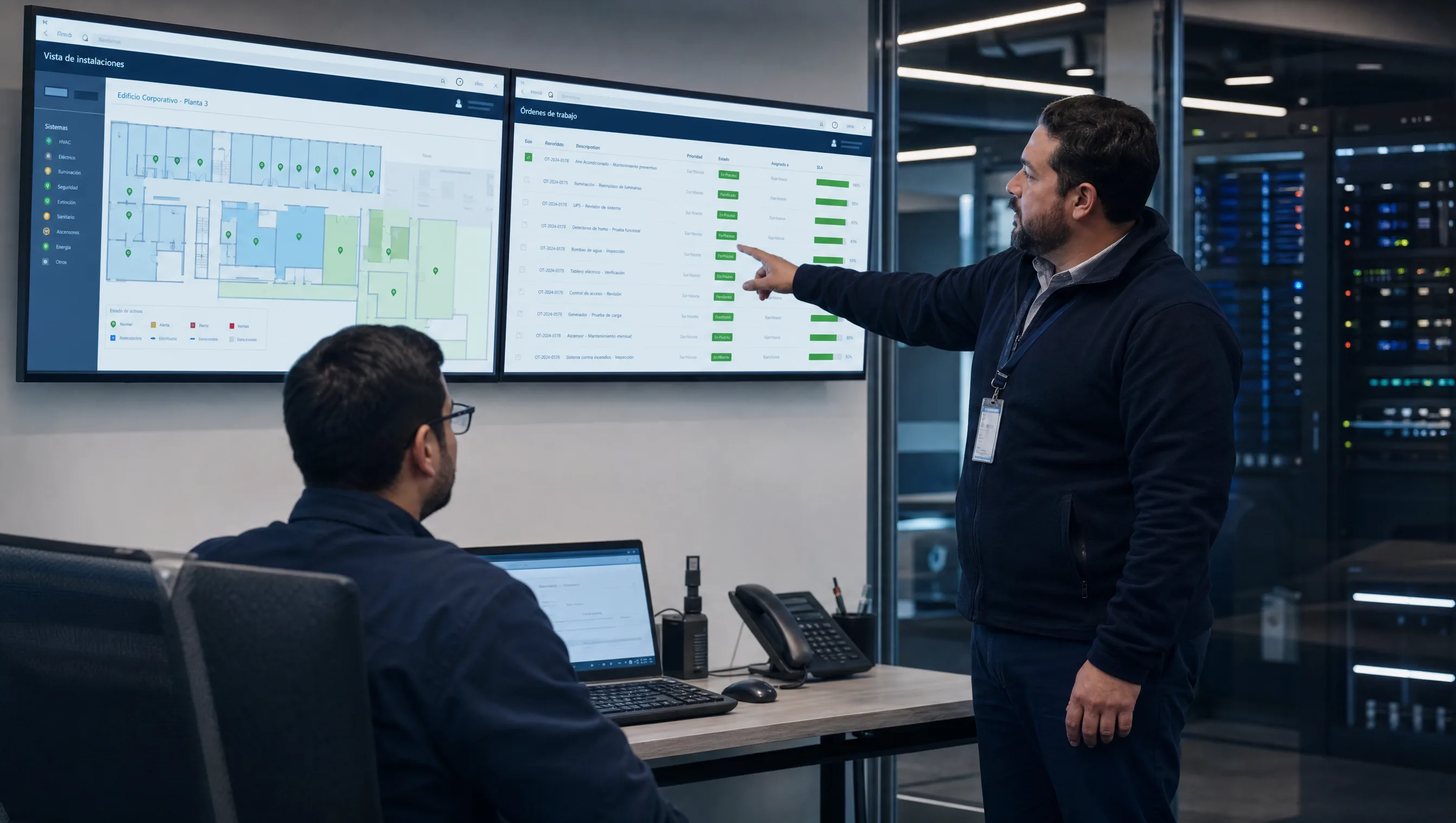 Sala de operaciones con monitores CAFM de planta e órdenes de trabajo