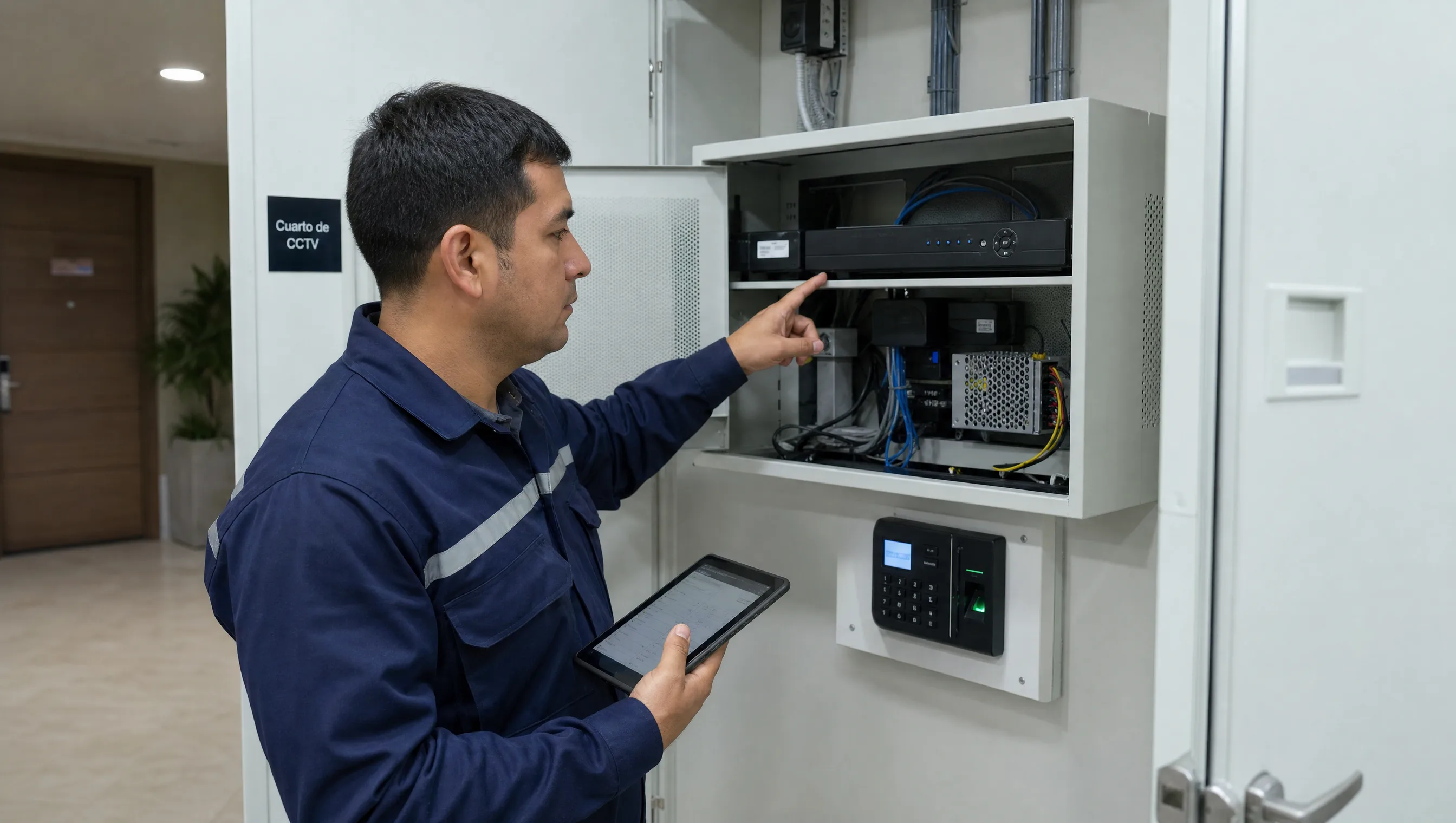 Técnico de mantención preventiva revisando panel CCTV con tablet