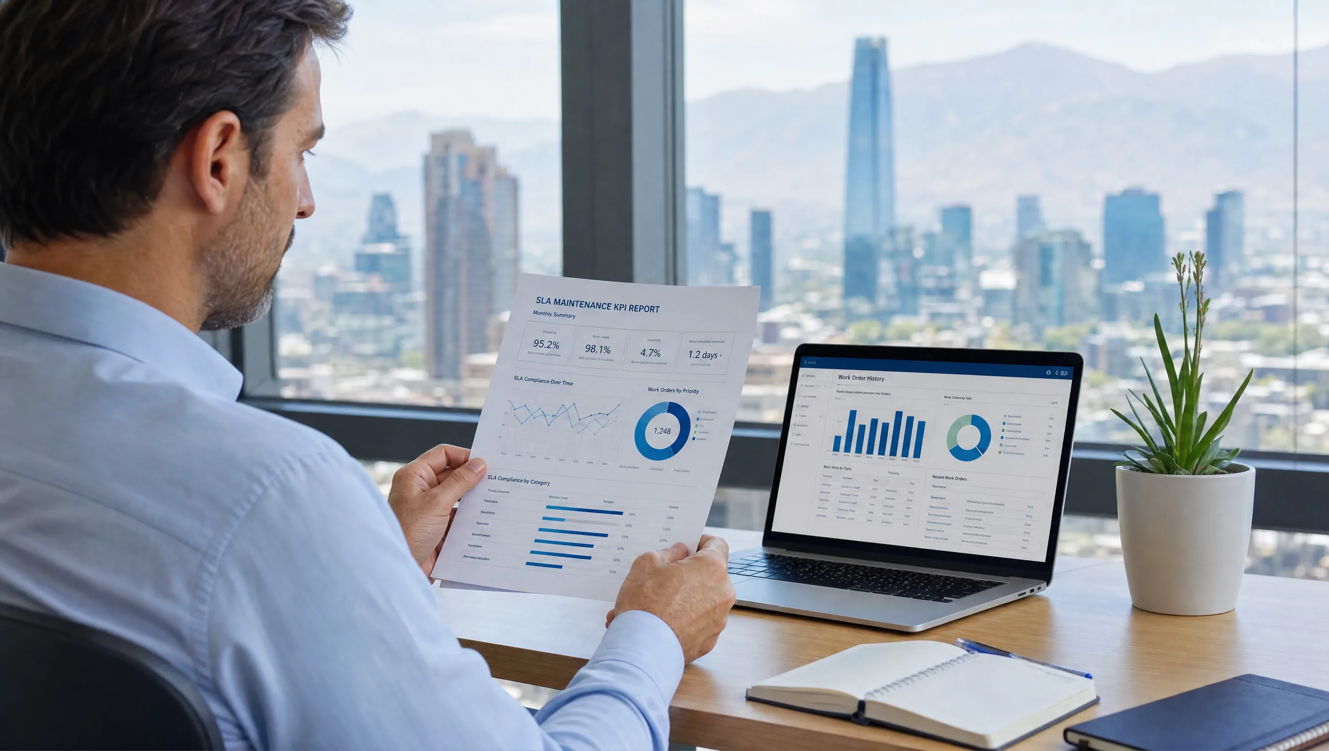 Administrador revisando informe de KPIs y SLA de mantención