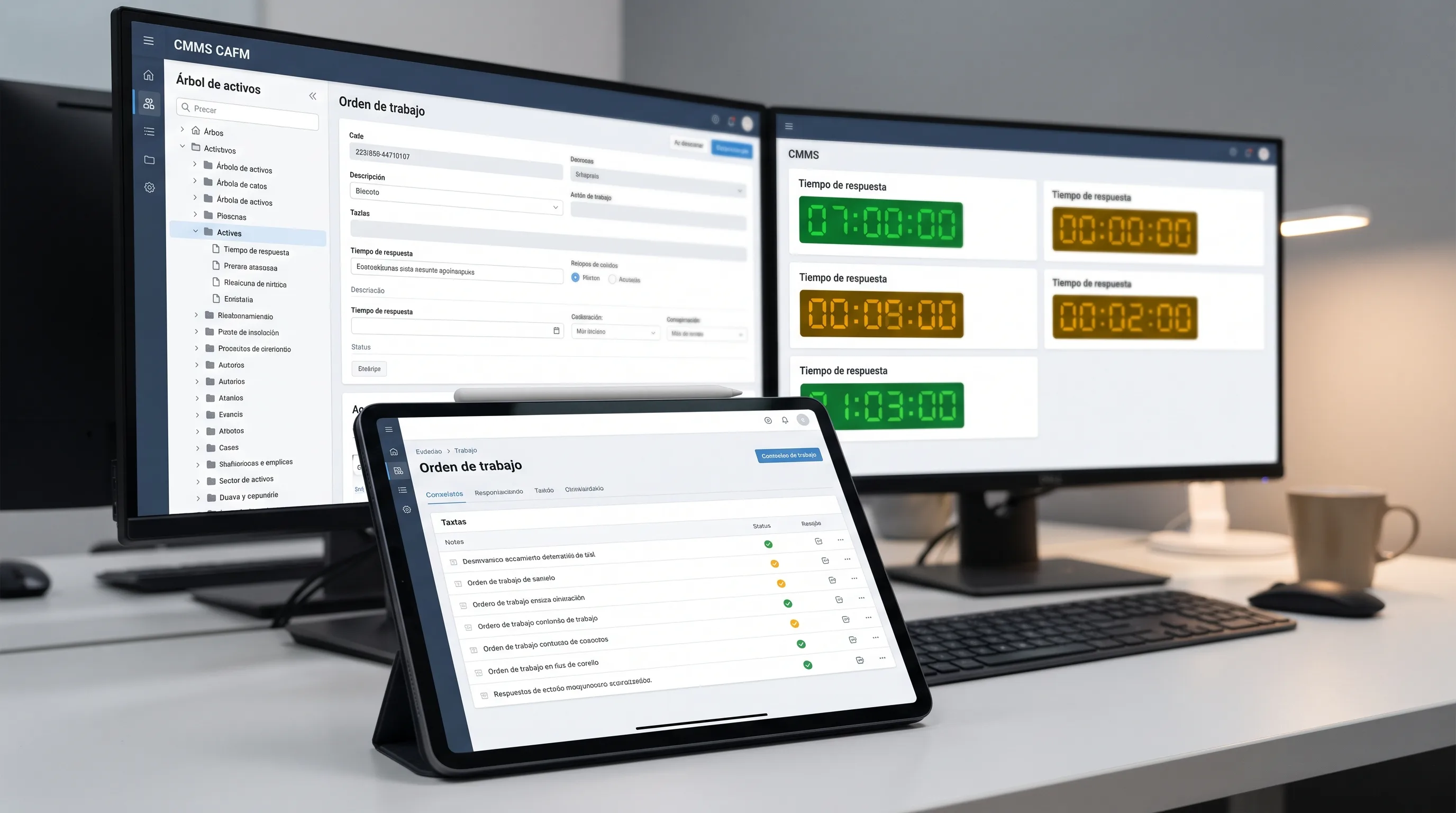 Escritorio con monitores CMMS CAFM, árboles de activos y temporizadores de SLA