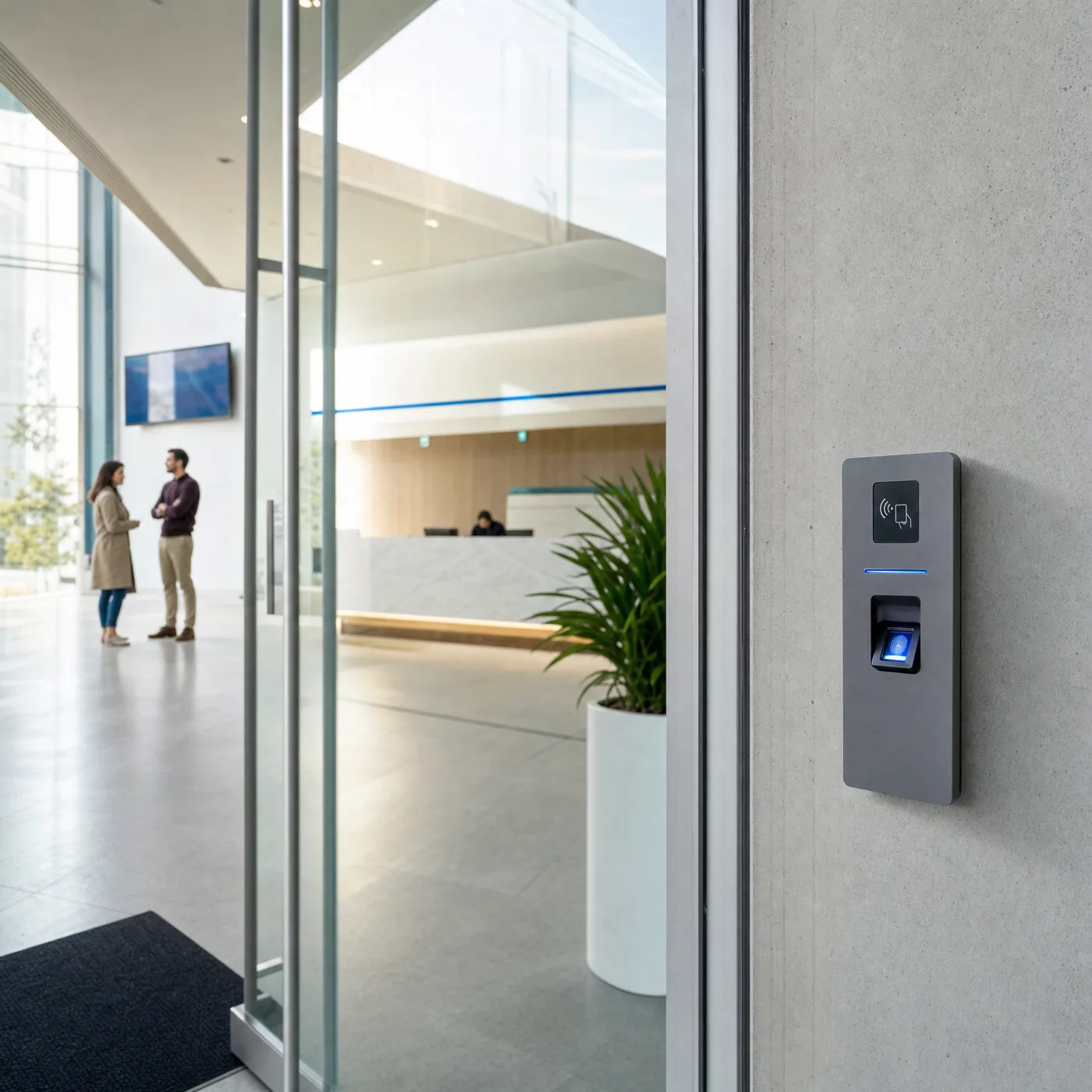 Lector biométrico en puerta de lobby corporativo
