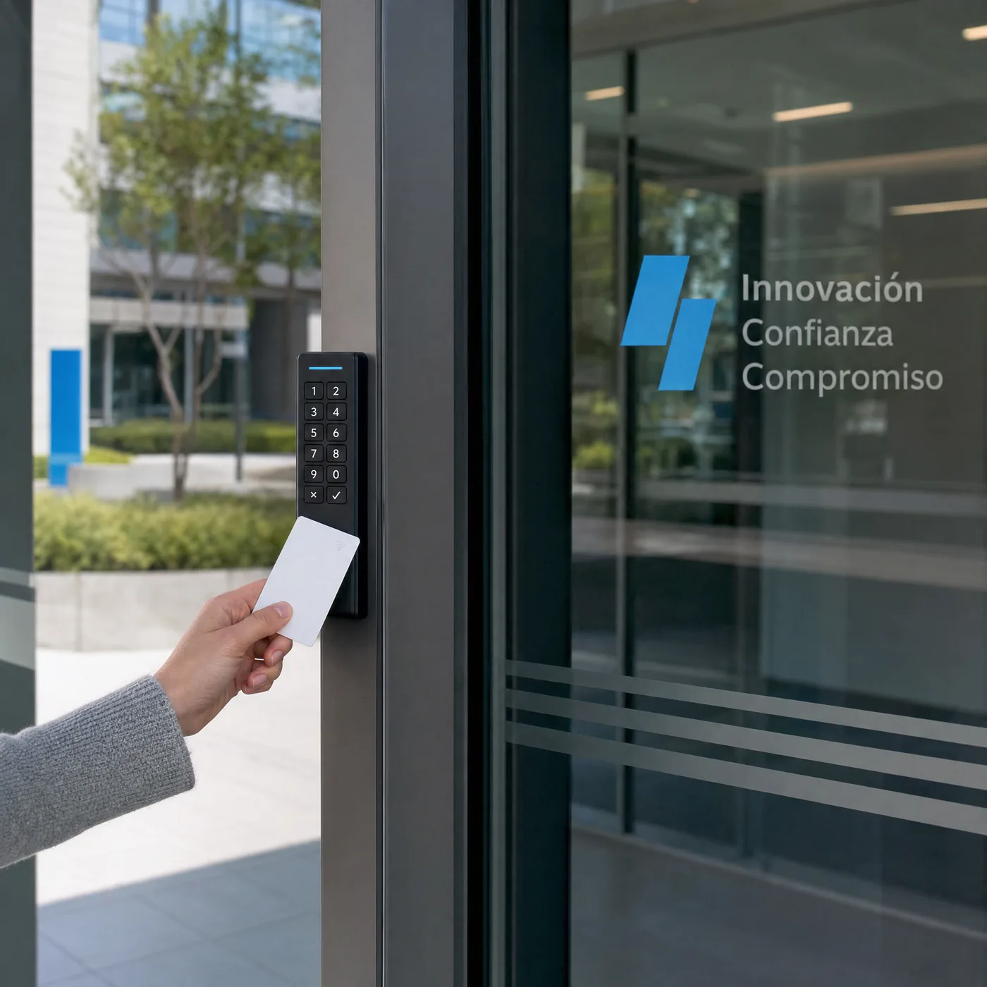 Tarjeta RFID frente a teclado de acceso en puerta de vidrio