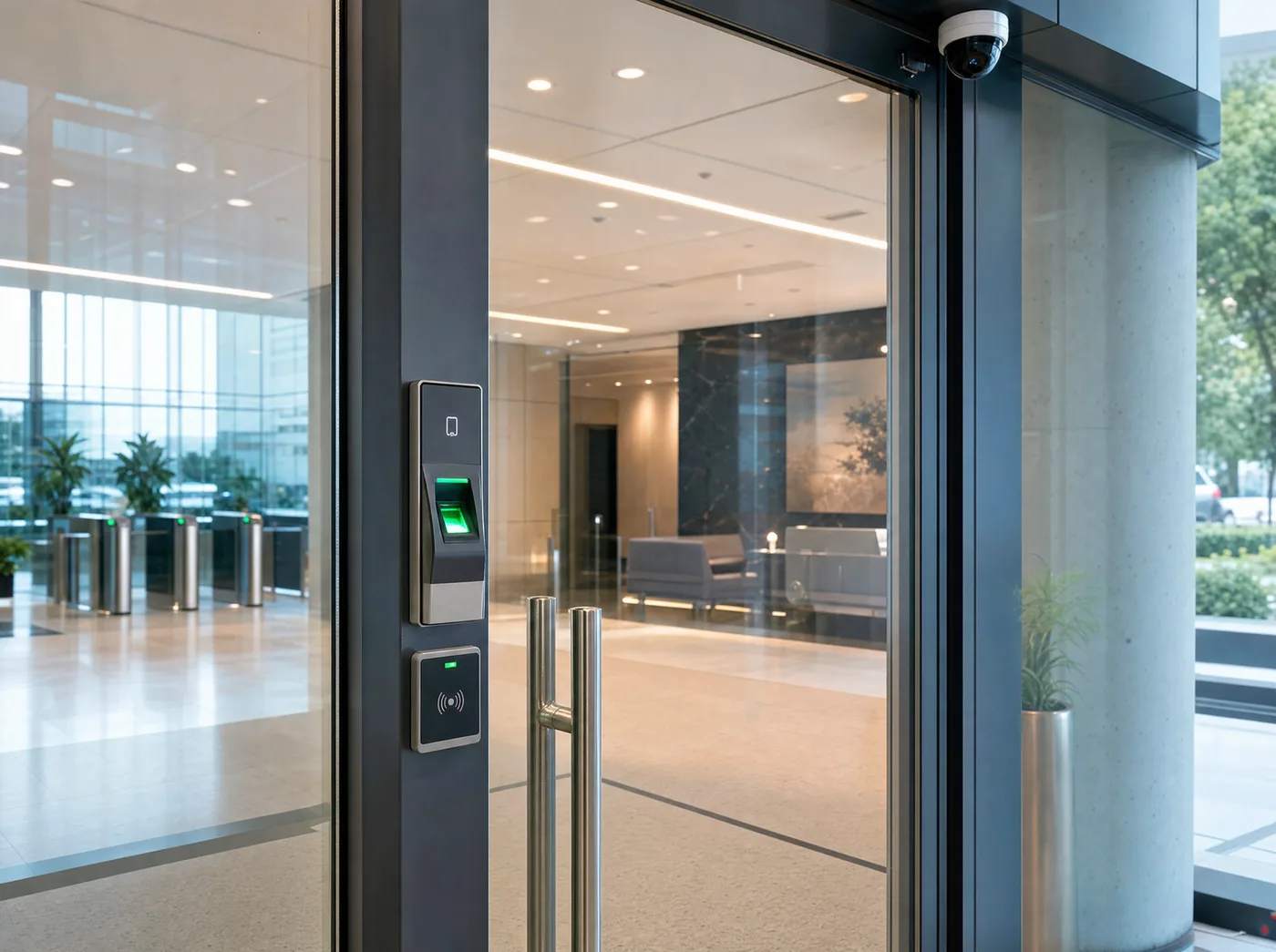Puerta de lobby con biometría, RFID y cámara CCTV integrada
