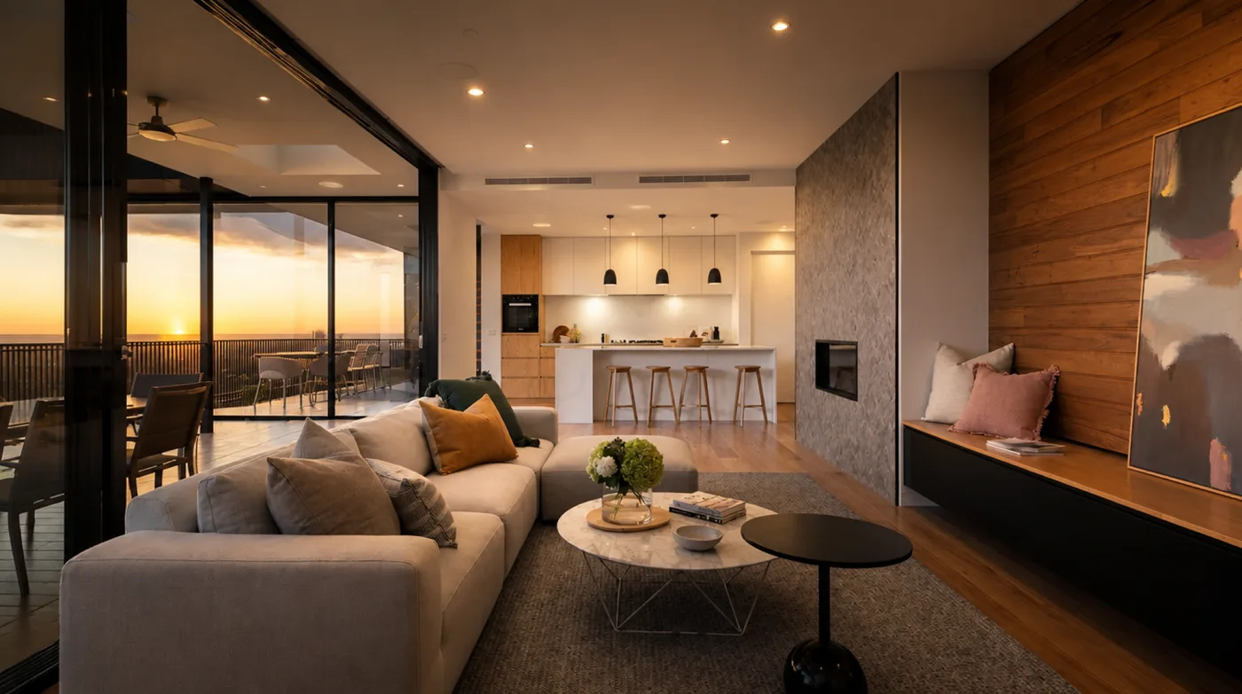 Interior de unidad residencial moderna con iluminación y control inteligente para proyecto inmobiliario