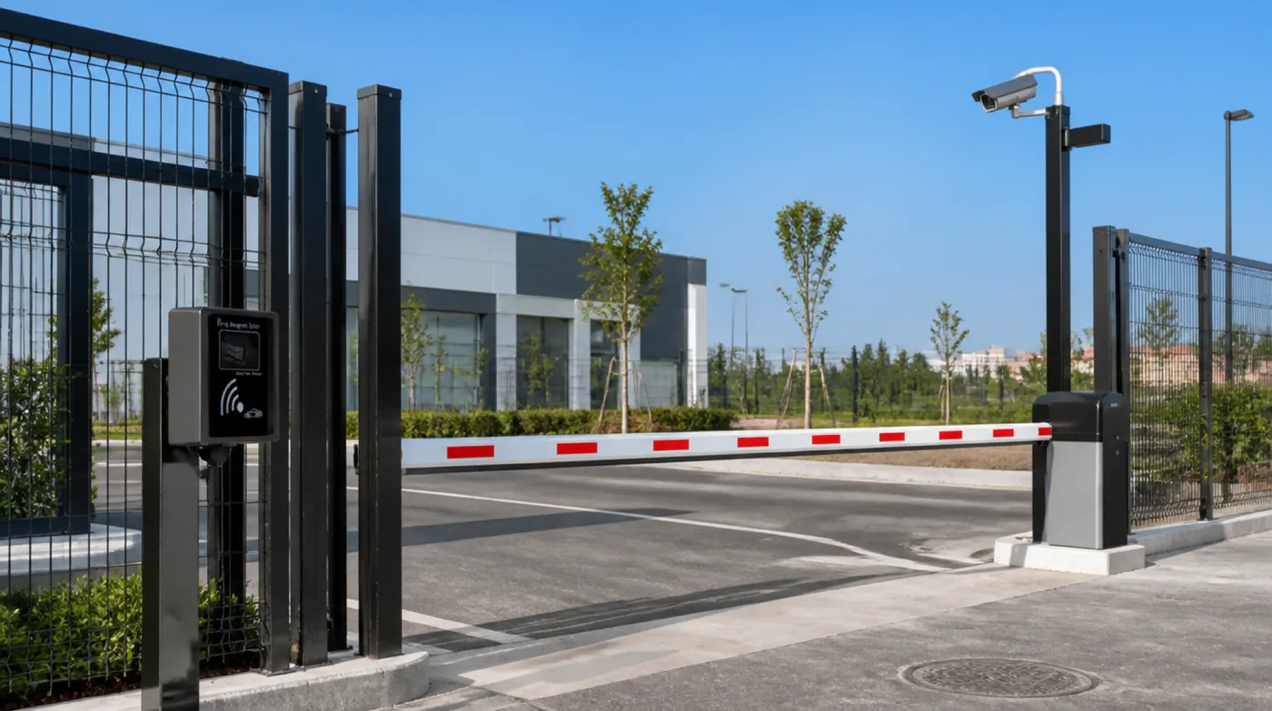 Acceso vehicular de edificio corporativo con portón automatizado, cámara LPR y lector de tags RFID